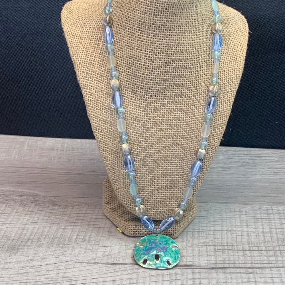 Enamel Sand Dollar Pendant Necklace Blue Green Beaded Coastal 20 Inch